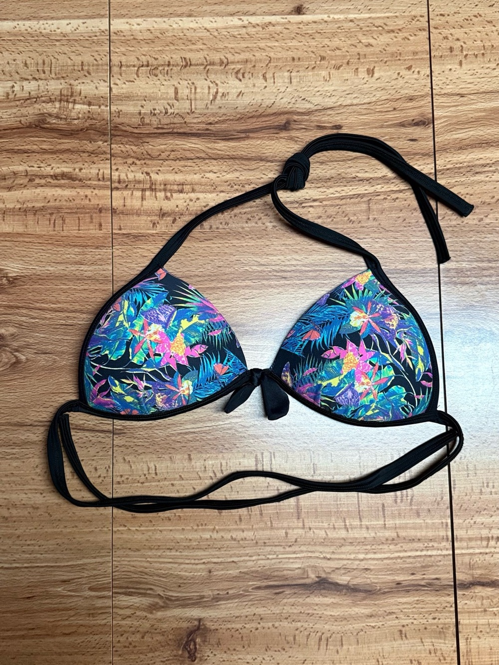 Women’s Swim Black Tropical Print Padded Triangle Bikini Top with Bow